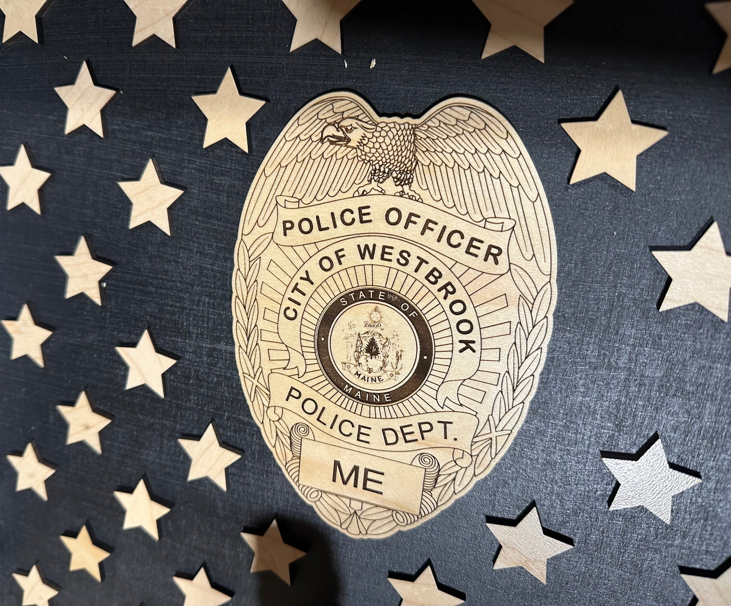 Close-up of Westbrook,ME badge