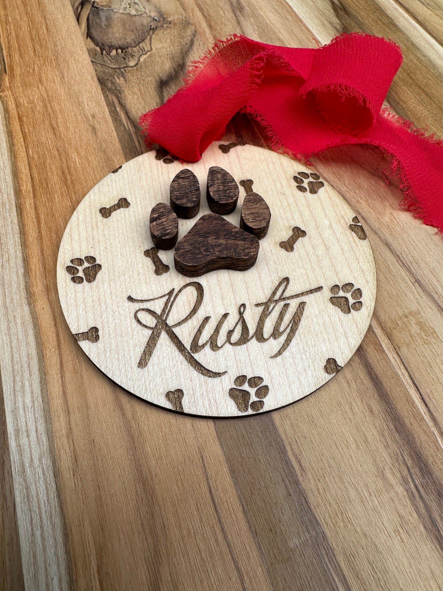 Personalized oak dog paw ornament