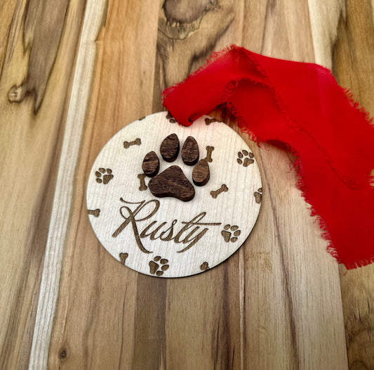 Personalized oak dog paw ornament