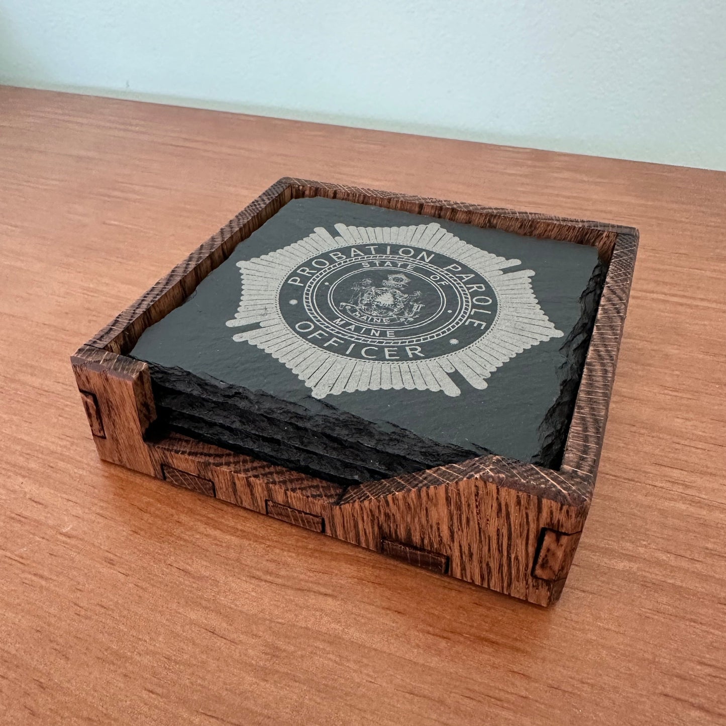 Slate coaster with oak storage box