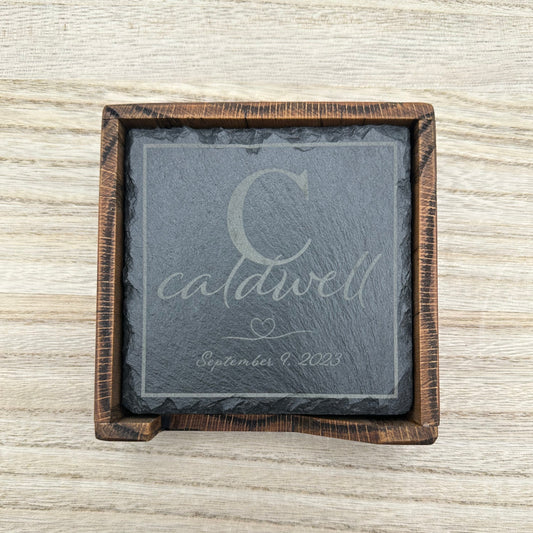 Slate coaster set in red oak box
