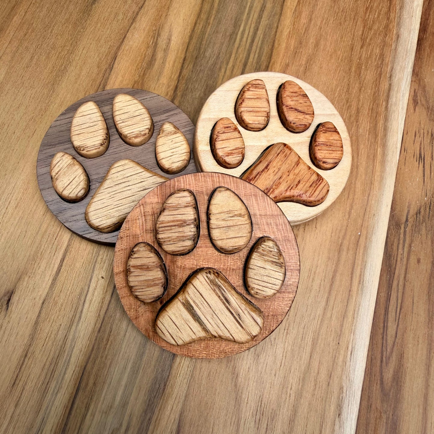 Three round wooden paw-print magnets in different wood tones (one cherry, one maple, one walnut), arranged on a wooden tabletop.