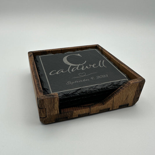 Square slate coasters in red oak box